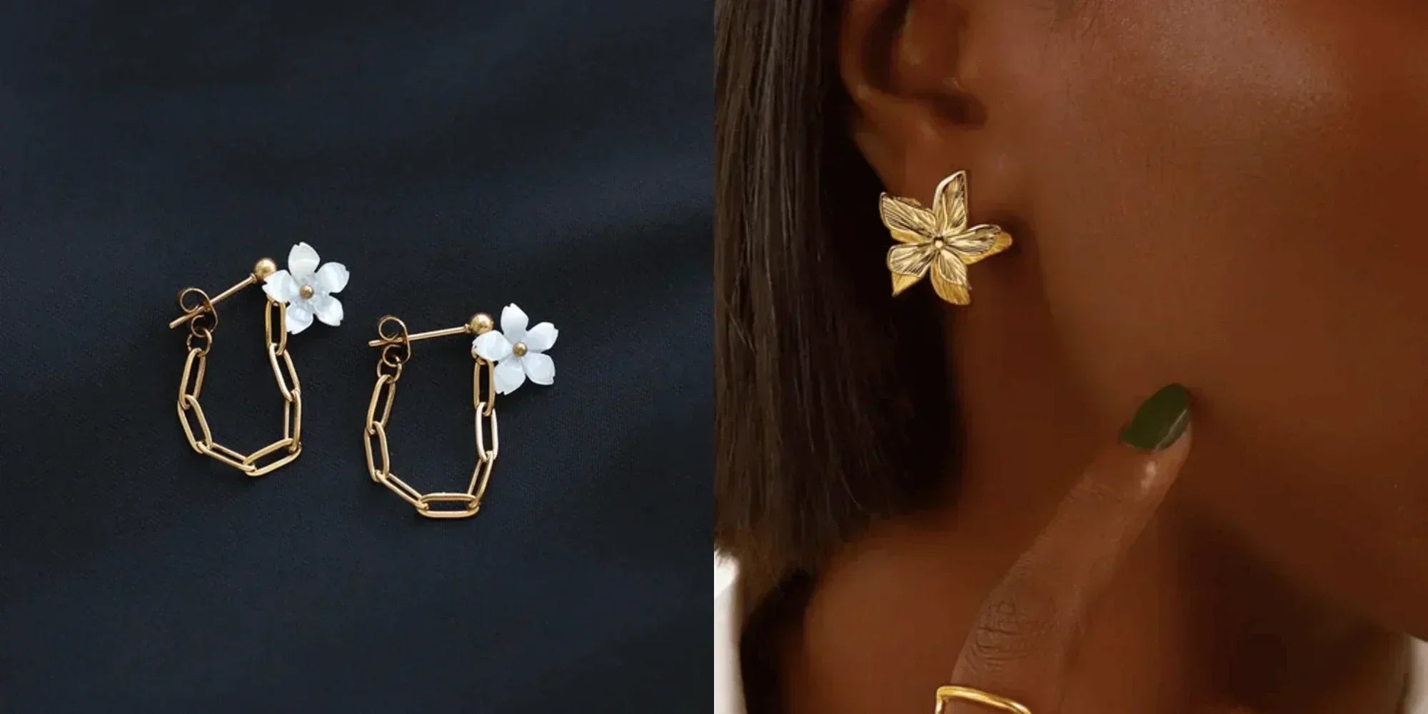 gold flower stud earrings vs. drops