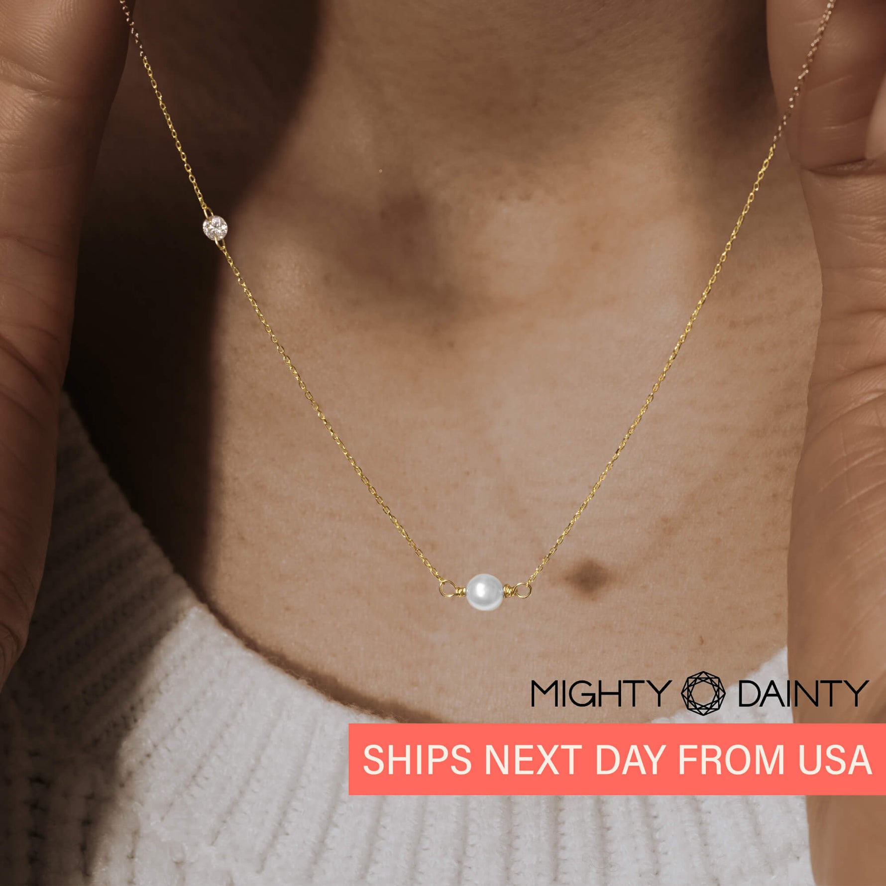 Gold Asymmetrical Diamond and Pearl Necklace