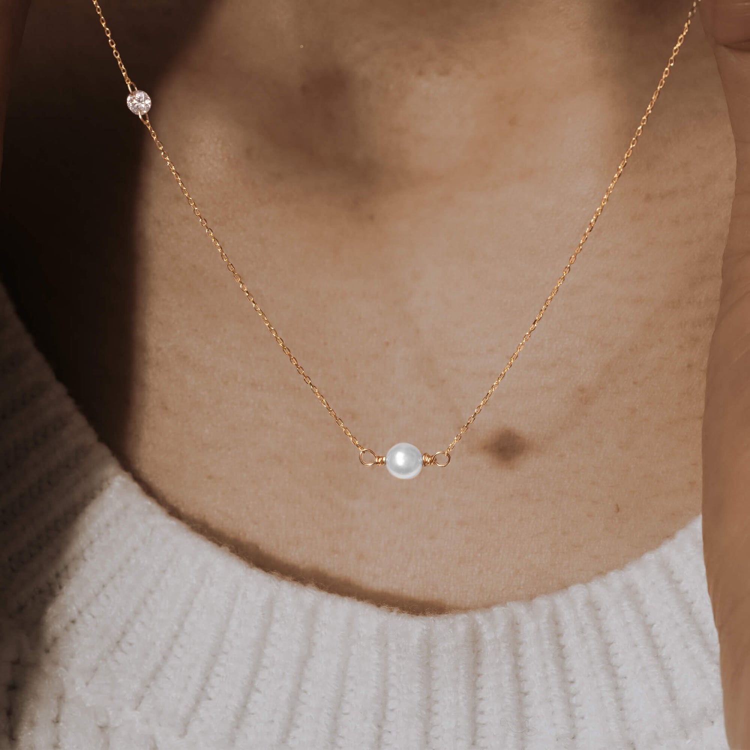 Gold Asymmetrical Diamond and Pearl Necklace