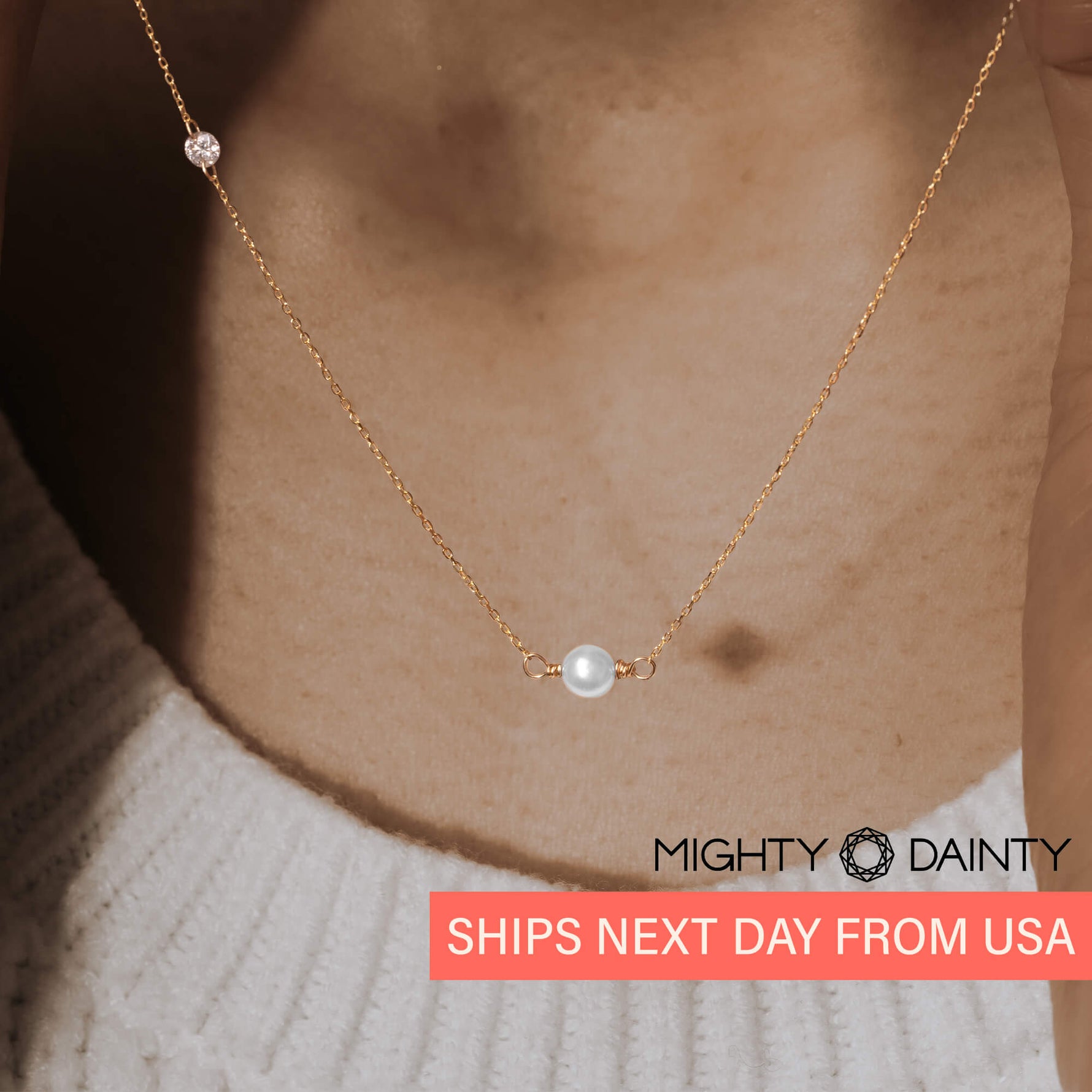 Gold Asymmetrical Diamond and Pearl Necklace