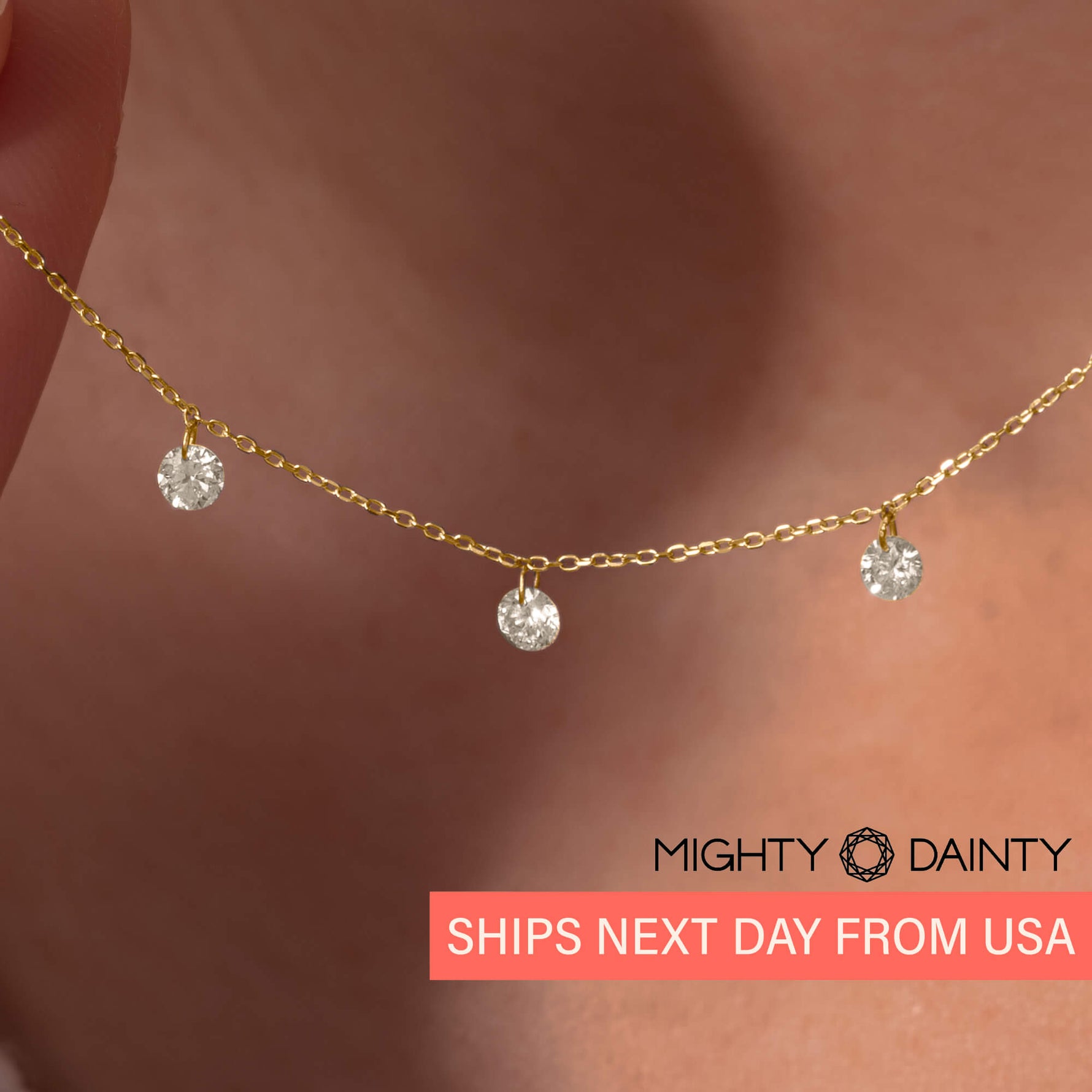 Gold Three Diamond Drop Necklace