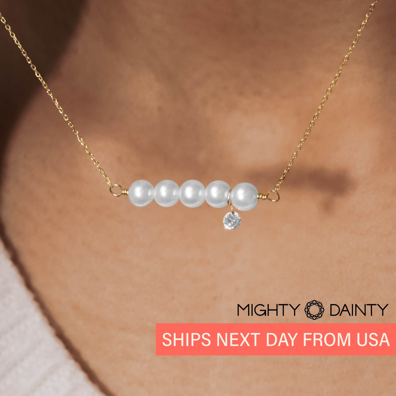 Gold Five Pearl and Diamond Necklace