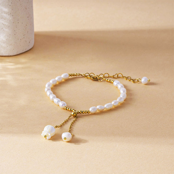Pearl Bracelet for Women With Gold Details and Charm Drops
