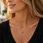 woman wearing a personalized photo projection necklace