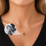 woman wearing a personalized photo projection necklace