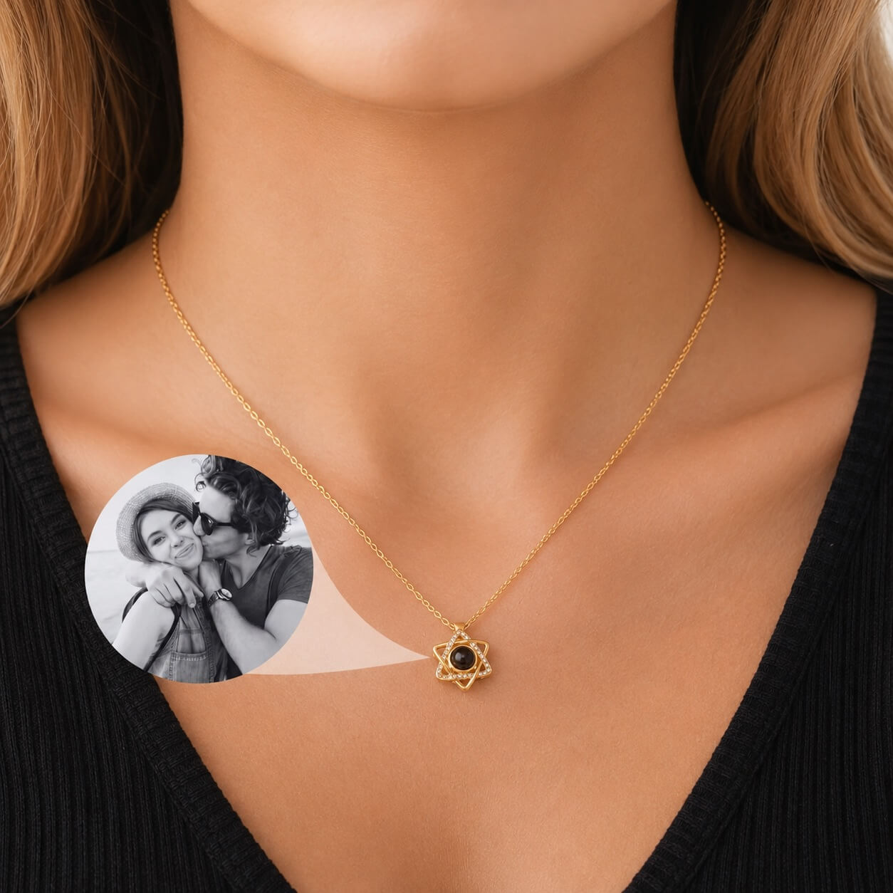 woman wearing a personalized photo projection necklace