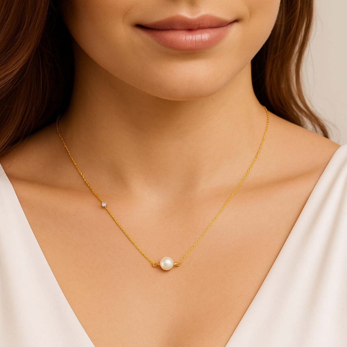 Gold Asymmetrical Diamond and Pearl Necklace