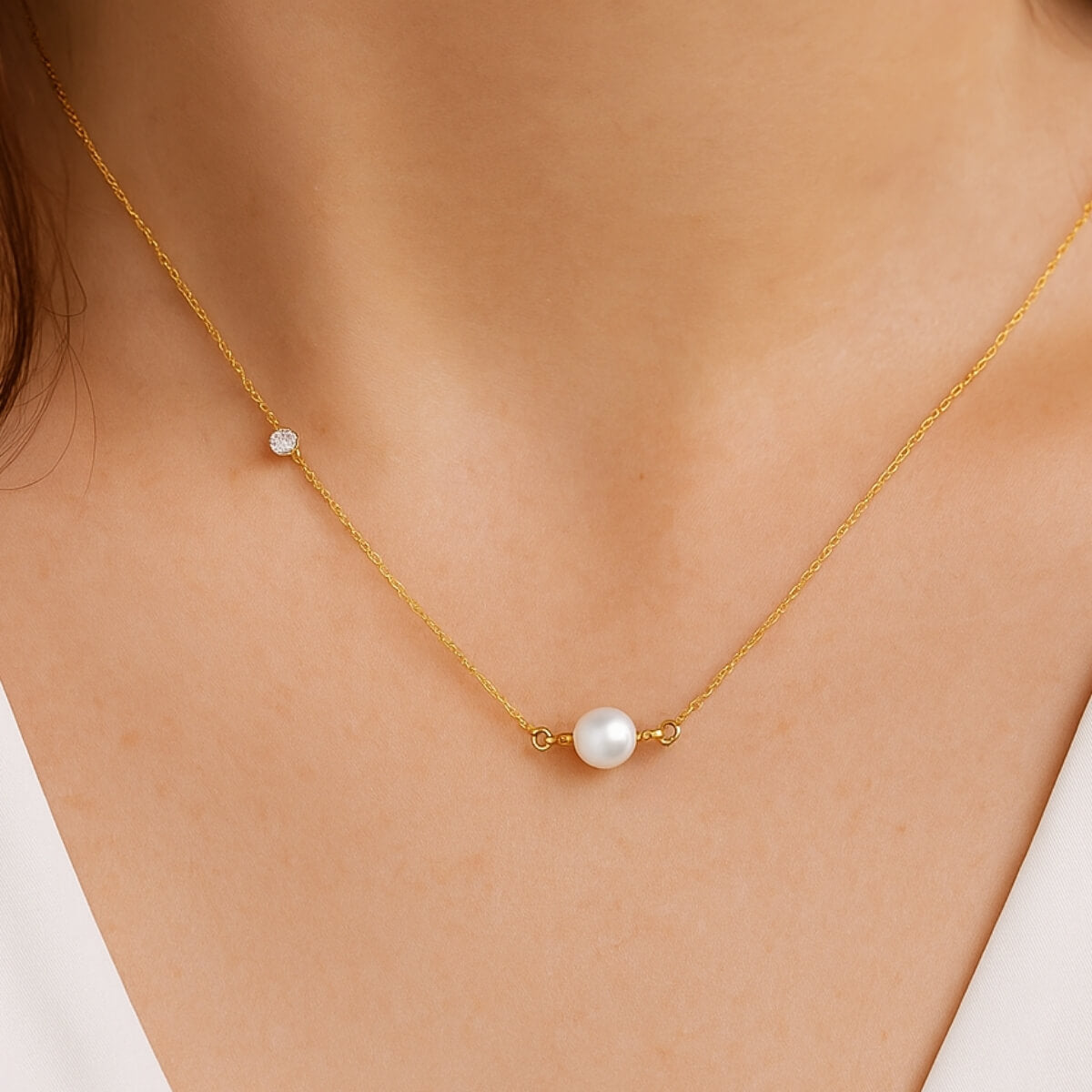 Gold Asymmetrical Diamond and Pearl Necklace