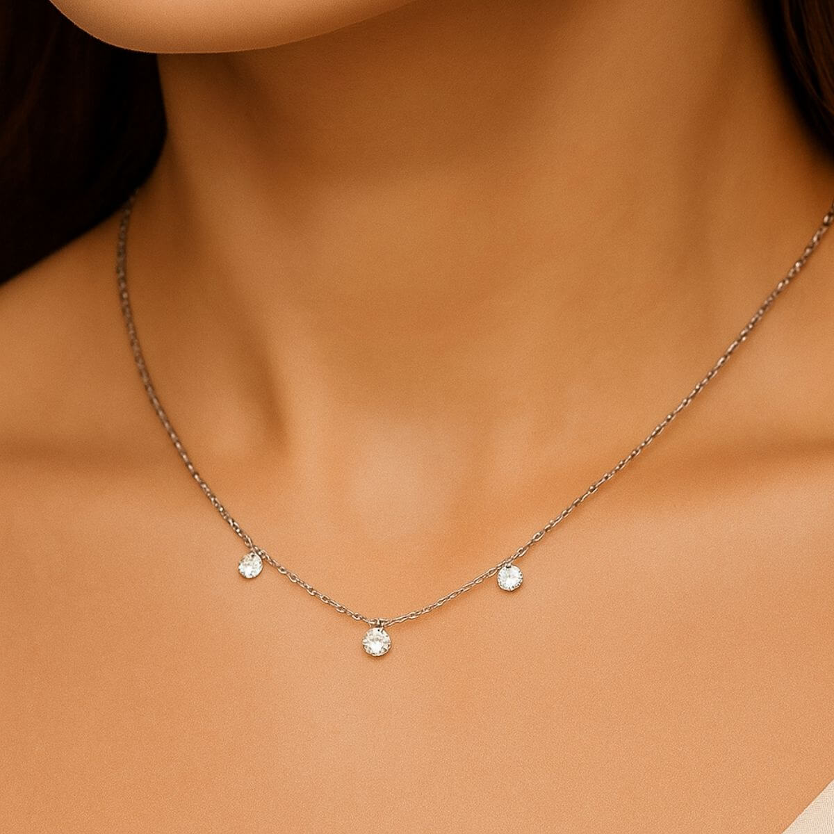 Gold Three Diamond Drop Necklace