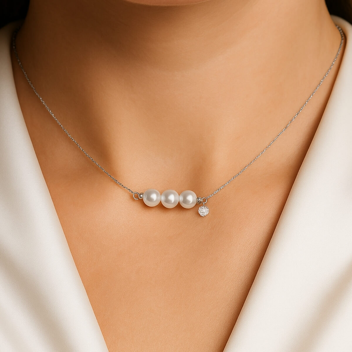 Gold Three Pearls and Diamond Necklace