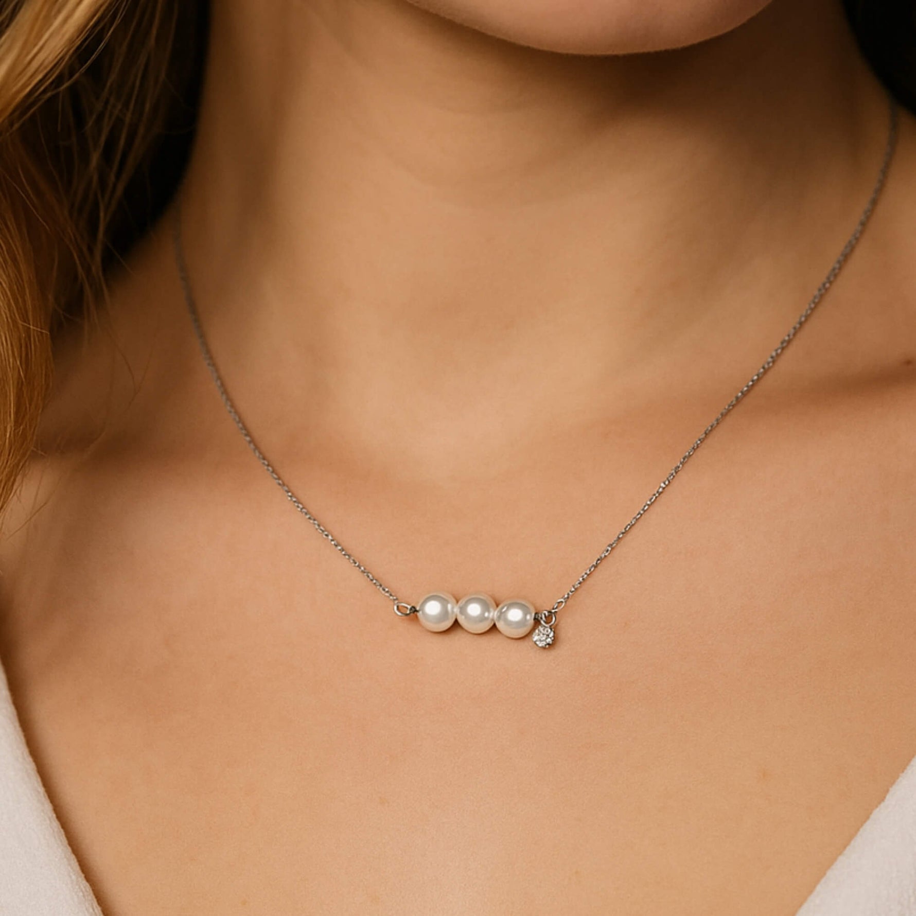 Gold Three Pearls and Diamond Necklace