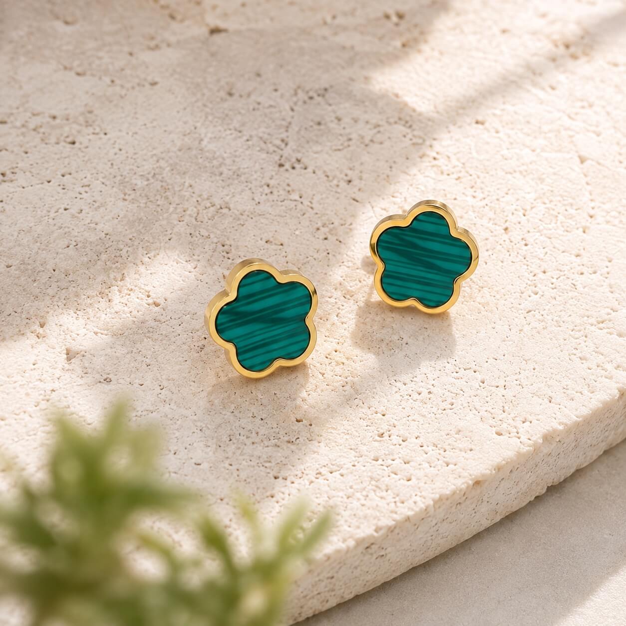 green malachite clover stud earrings 