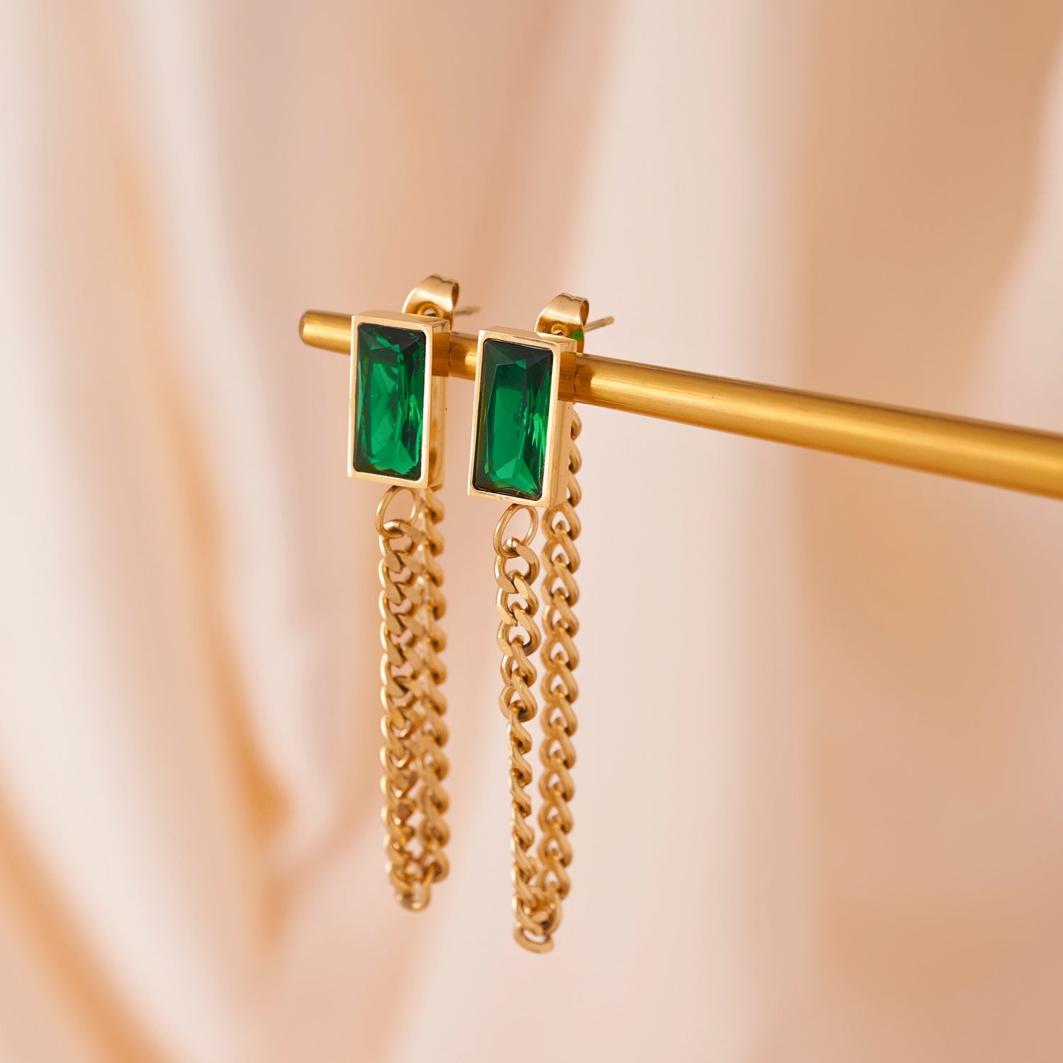 Gold Chain Emerald Stud Earrings
