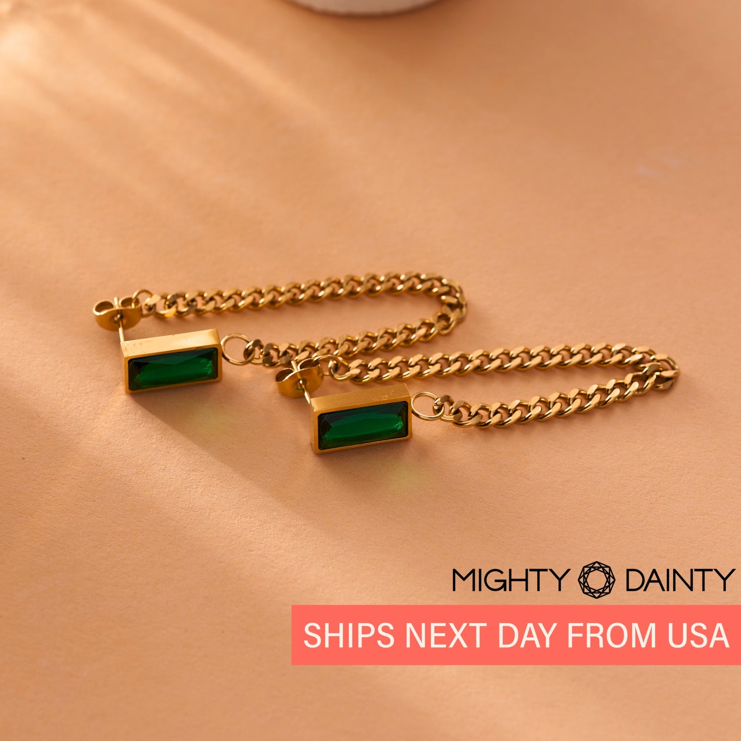 Gold Chain Emerald Stud Earrings