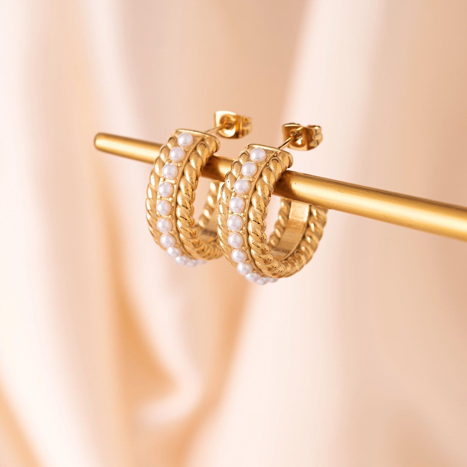 Golden Pearl Twist Hoop Earrings