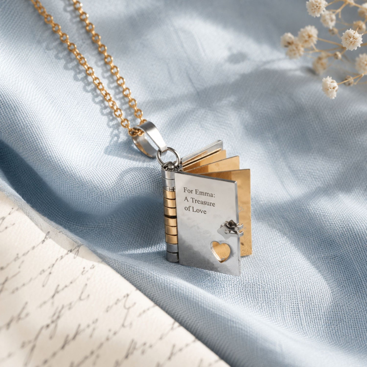 Gold-Silver Love Book Necklace