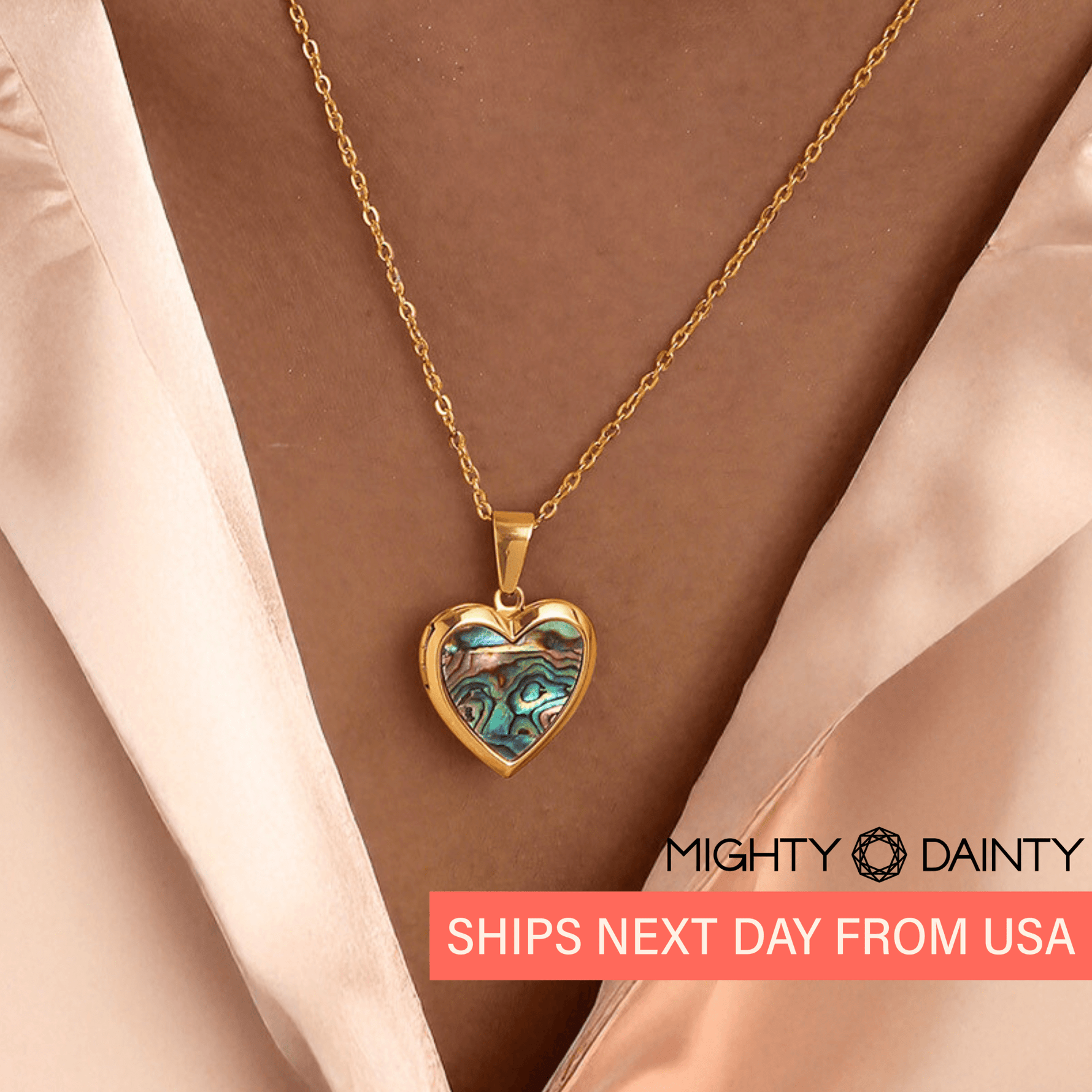 Gold Abalone Heart Photo Necklace