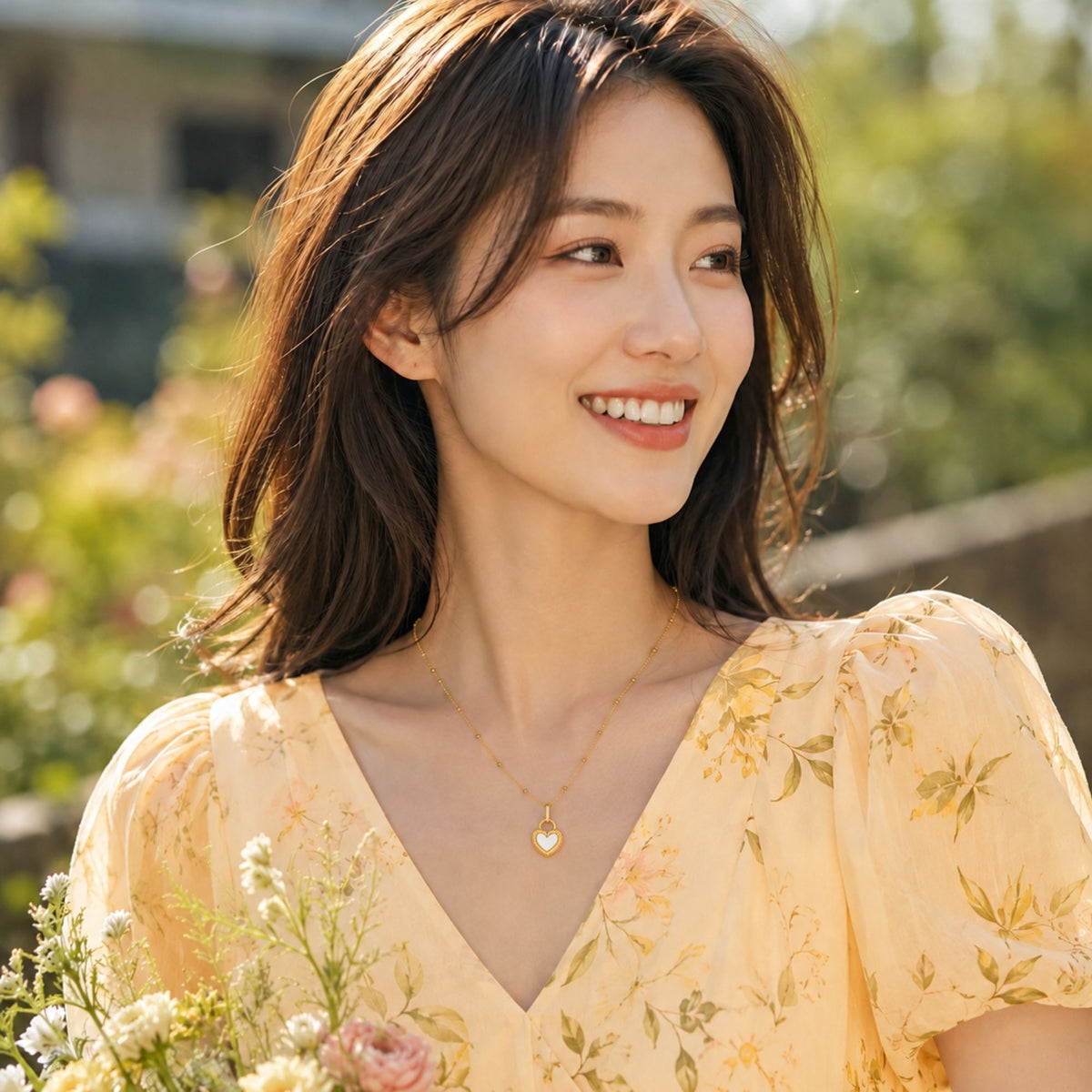 woman wearing a heart pendant necklace