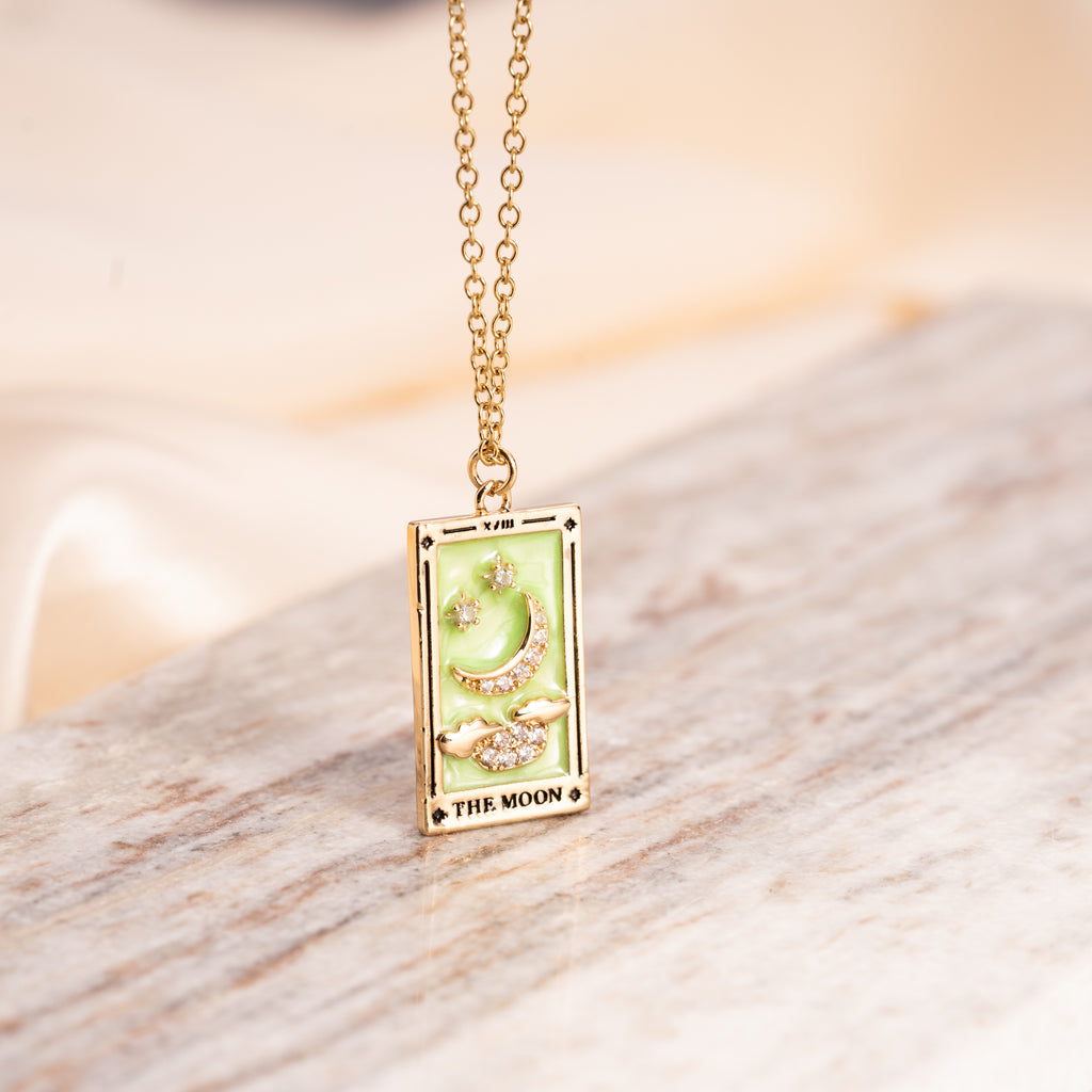 The moon tarot card cubic zirconia lime green rectangle necklace