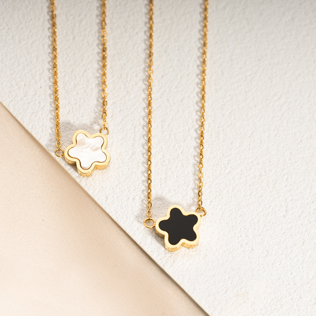Black and white small flower shaped gold necklace for her by mighty dainty