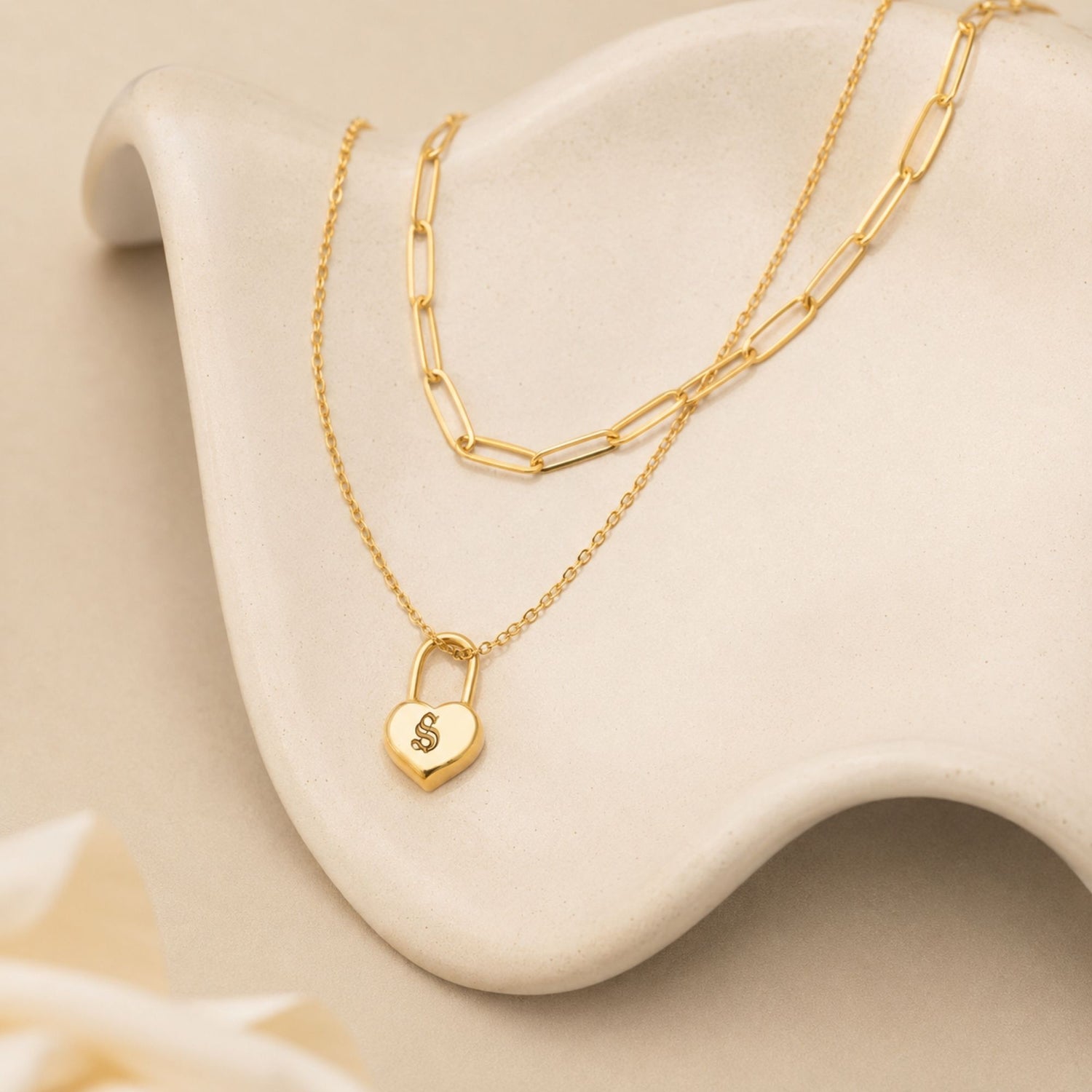 Gold Paper Clip Chain Initial Necklace Set