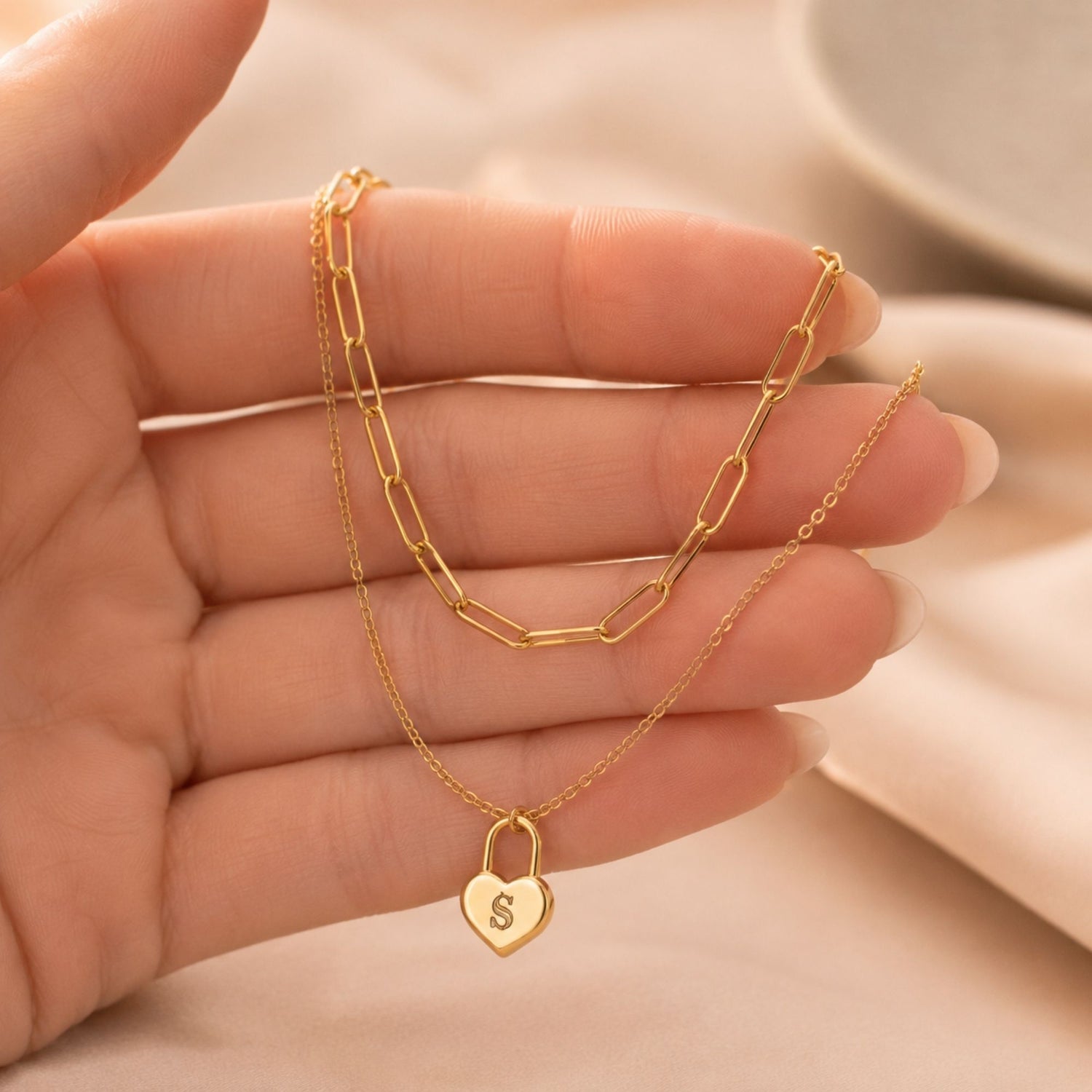 Gold Paper Clip Chain Initial Necklace Set