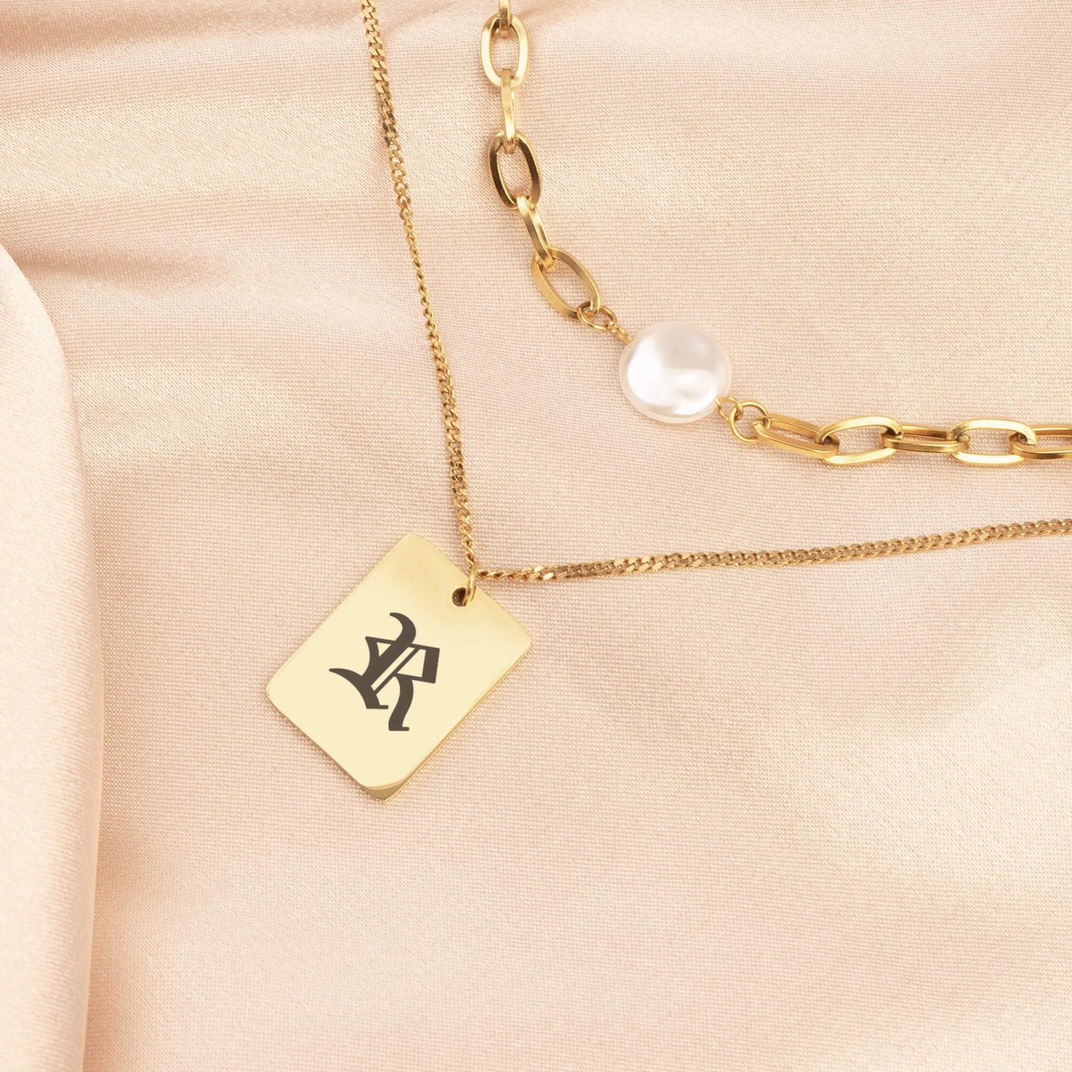 Vintage Old English Initial Pearl Necklace Set