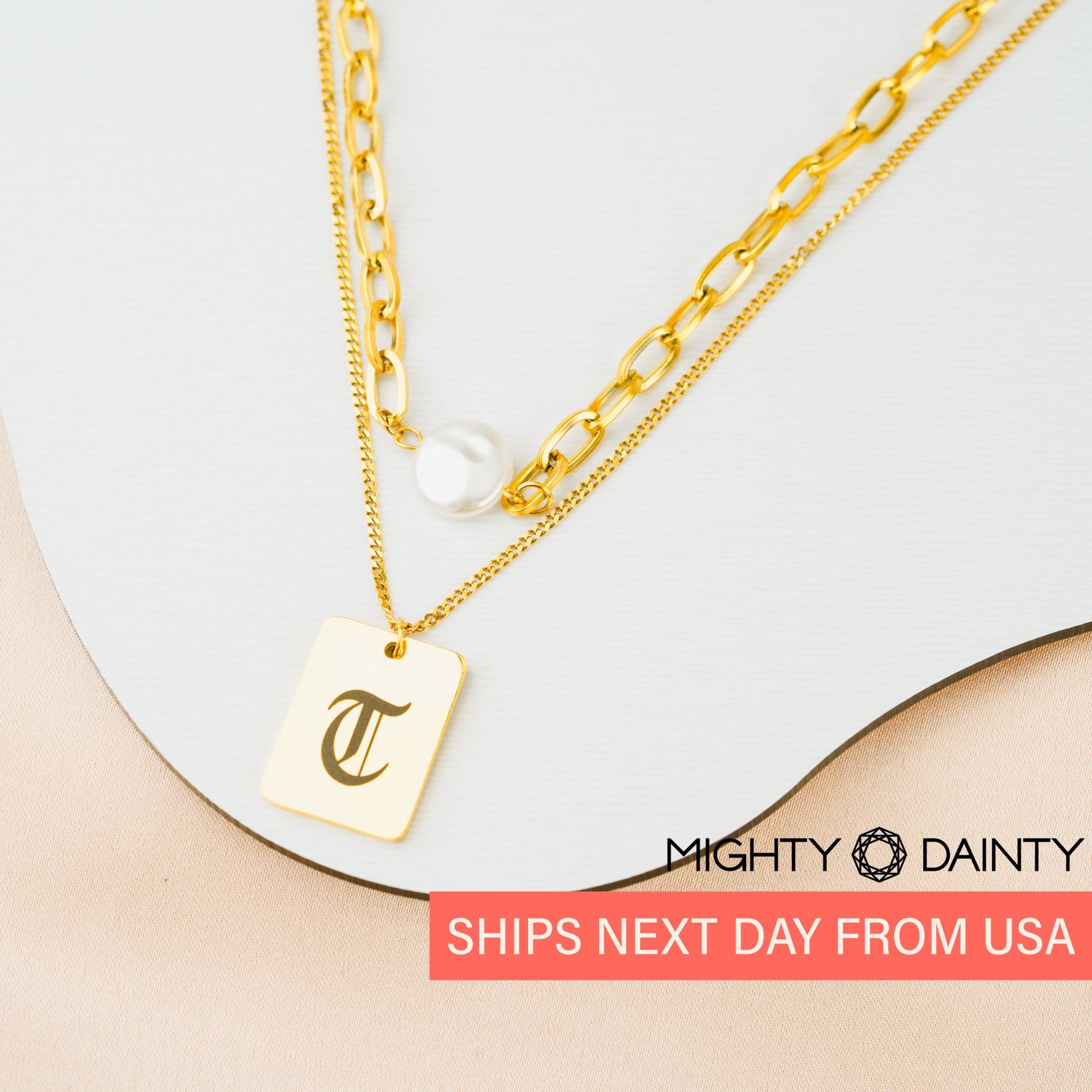 Vintage Old English Initial Pearl Necklace Set