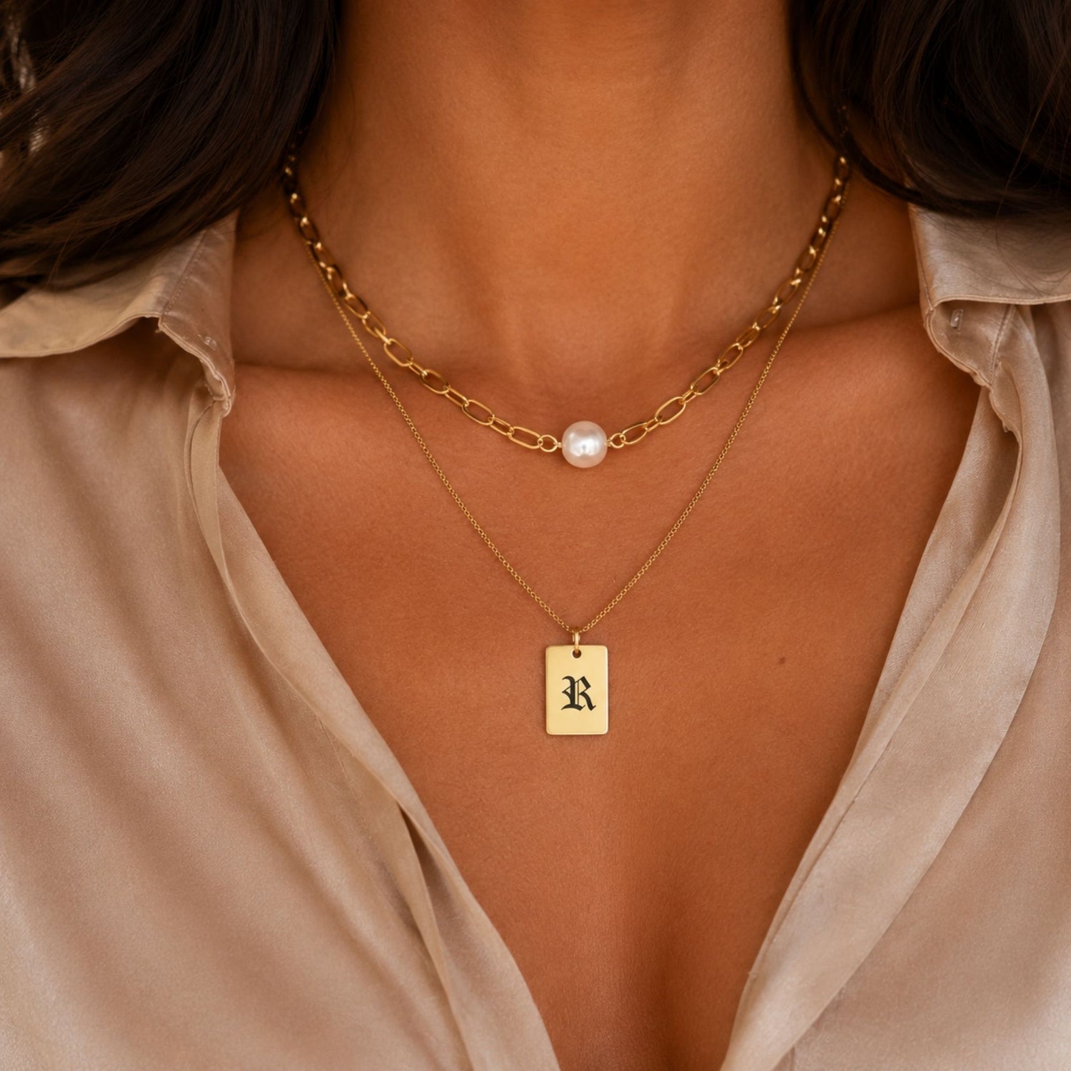Vintage Old English Initial Pearl Necklace Set