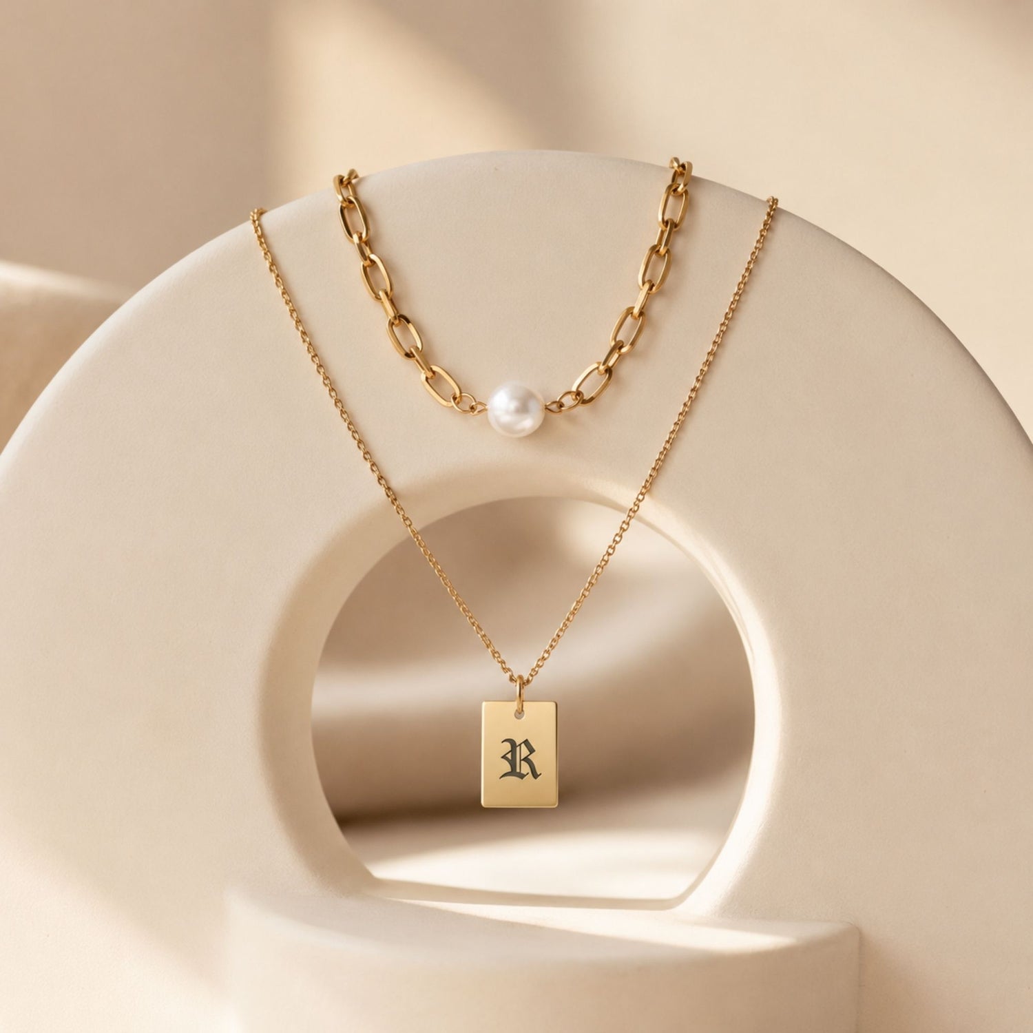 Vintage Old English Initial Pearl Necklace Set