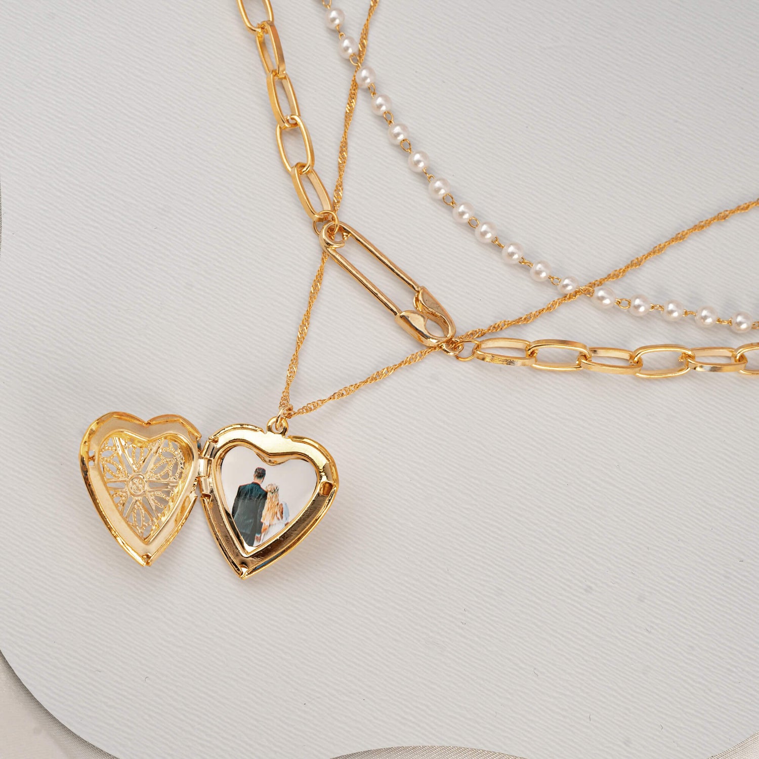 Triple Layer Heart Photo Necklace Set
