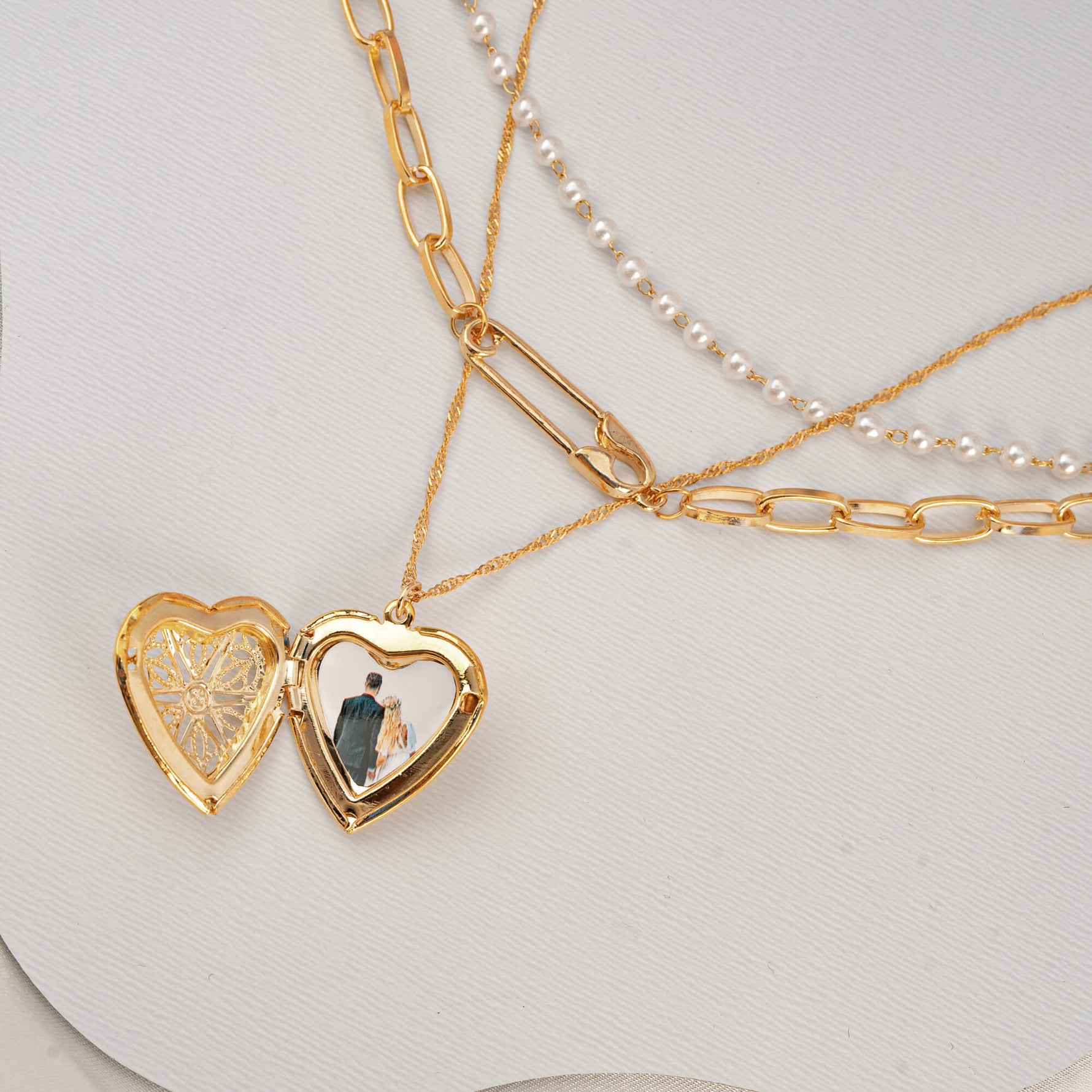 Triple Layer Heart Photo Necklace Set