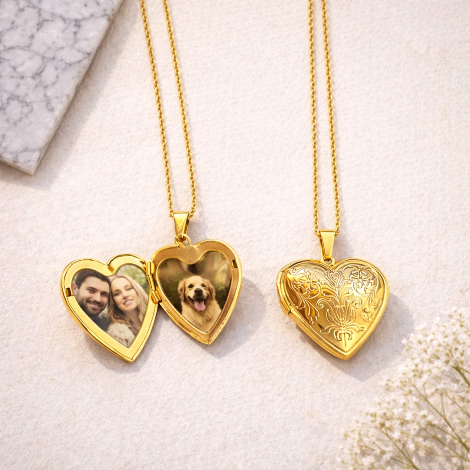 Floral Golden Heart Photo Locket Necklace
