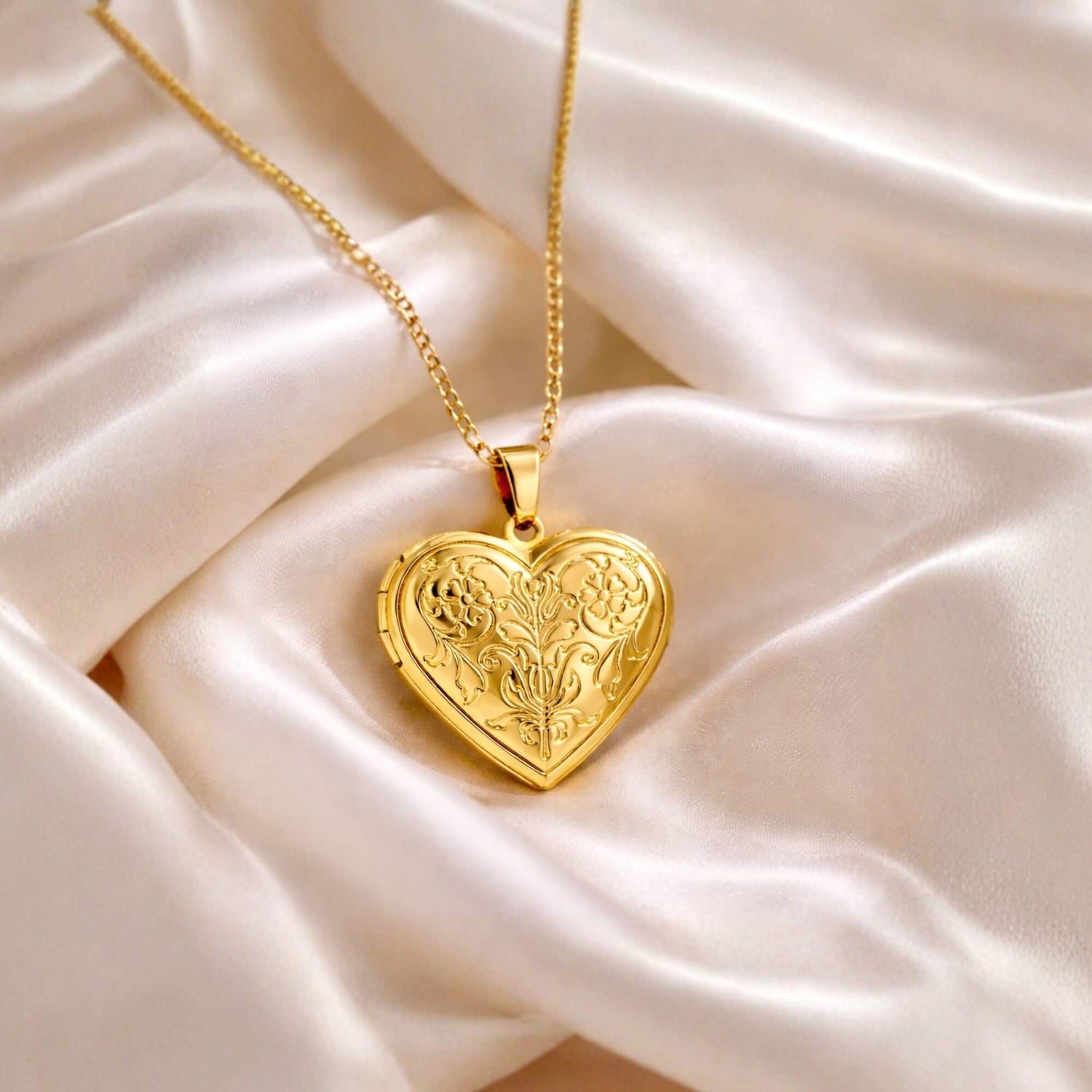 Floral Golden Heart Photo Locket Necklace
