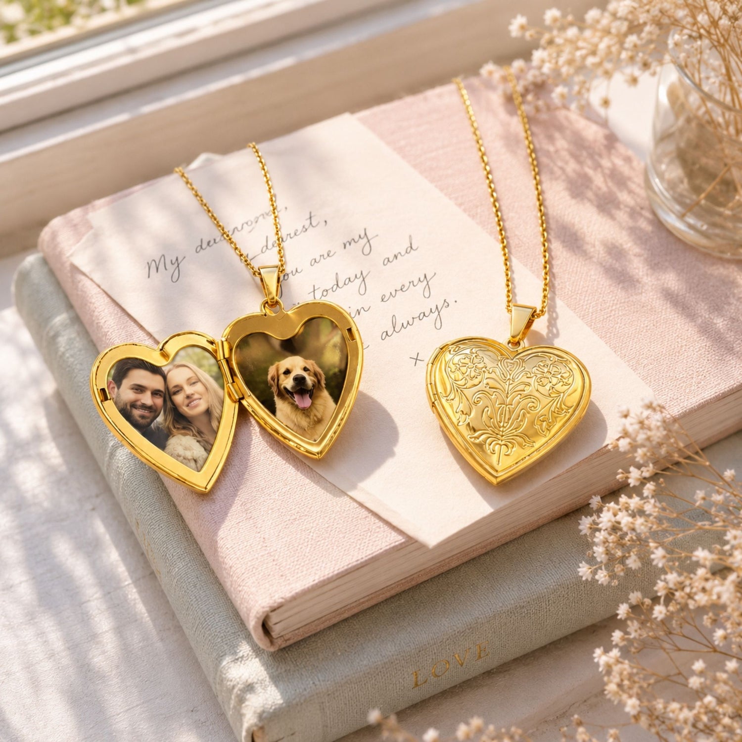 Floral Golden Heart Photo Locket Necklace