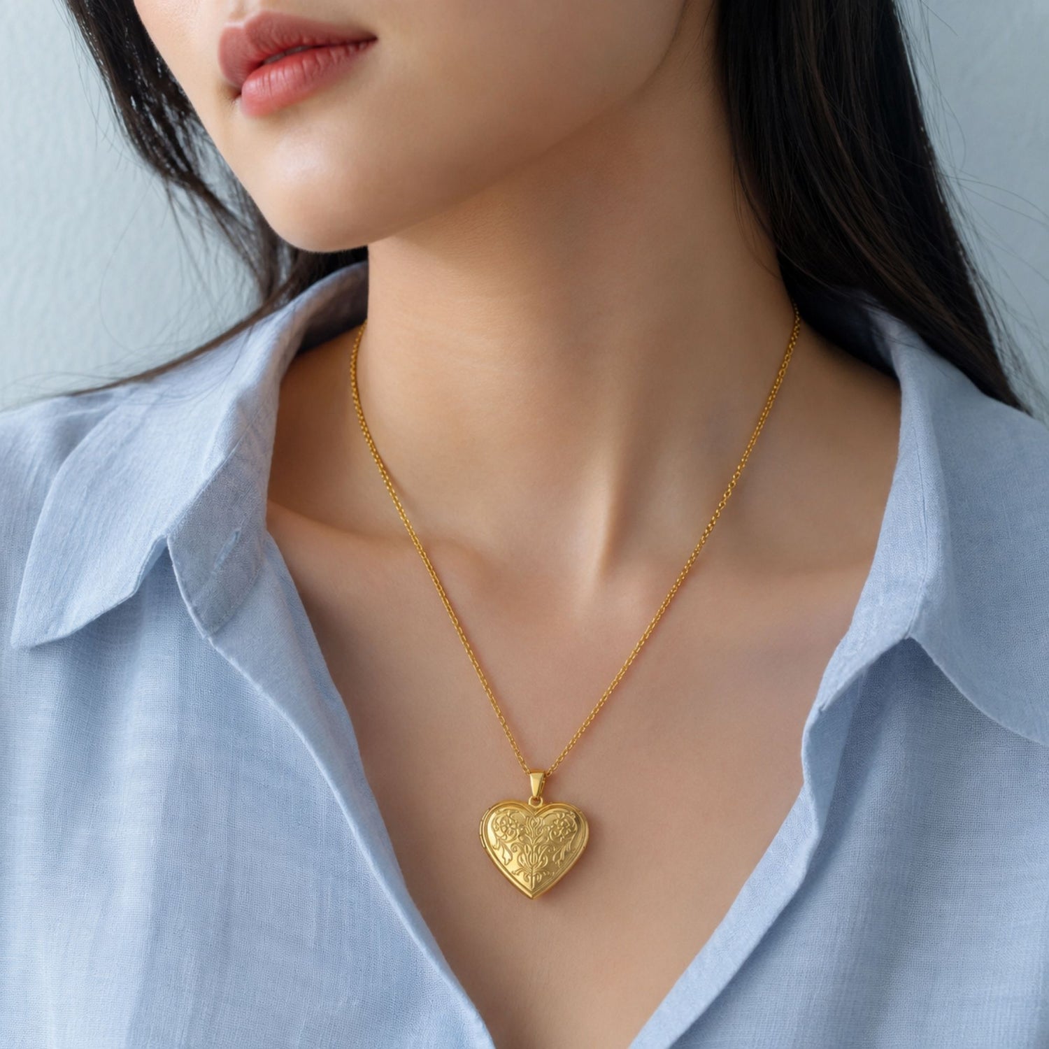Floral Golden Heart Photo Locket Necklace