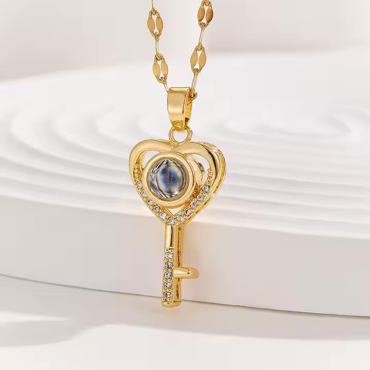 Golden Key Photo Projection Necklace