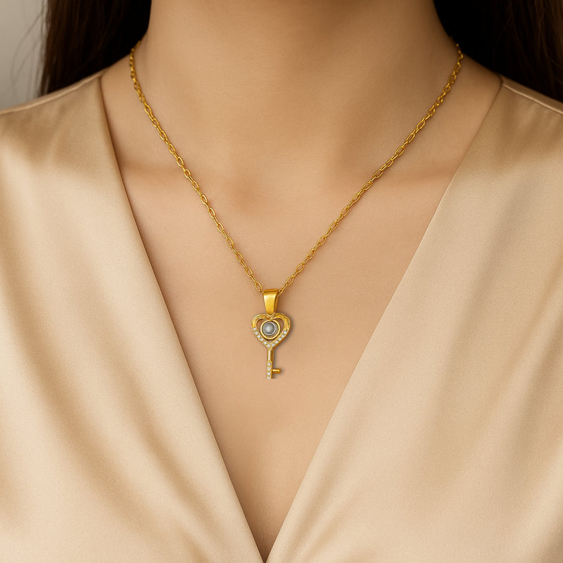 Golden Key Photo Projection Necklace
