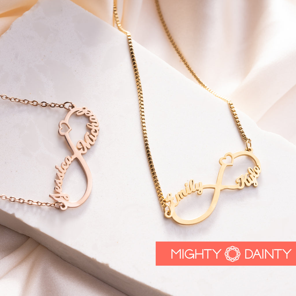 Infinity two name necklace in gold rose gold and silver
