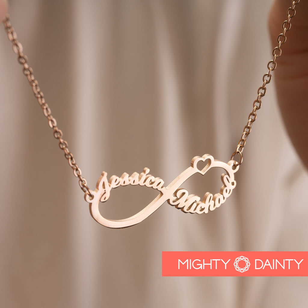 Name necklace for her with two names and infinity char, 