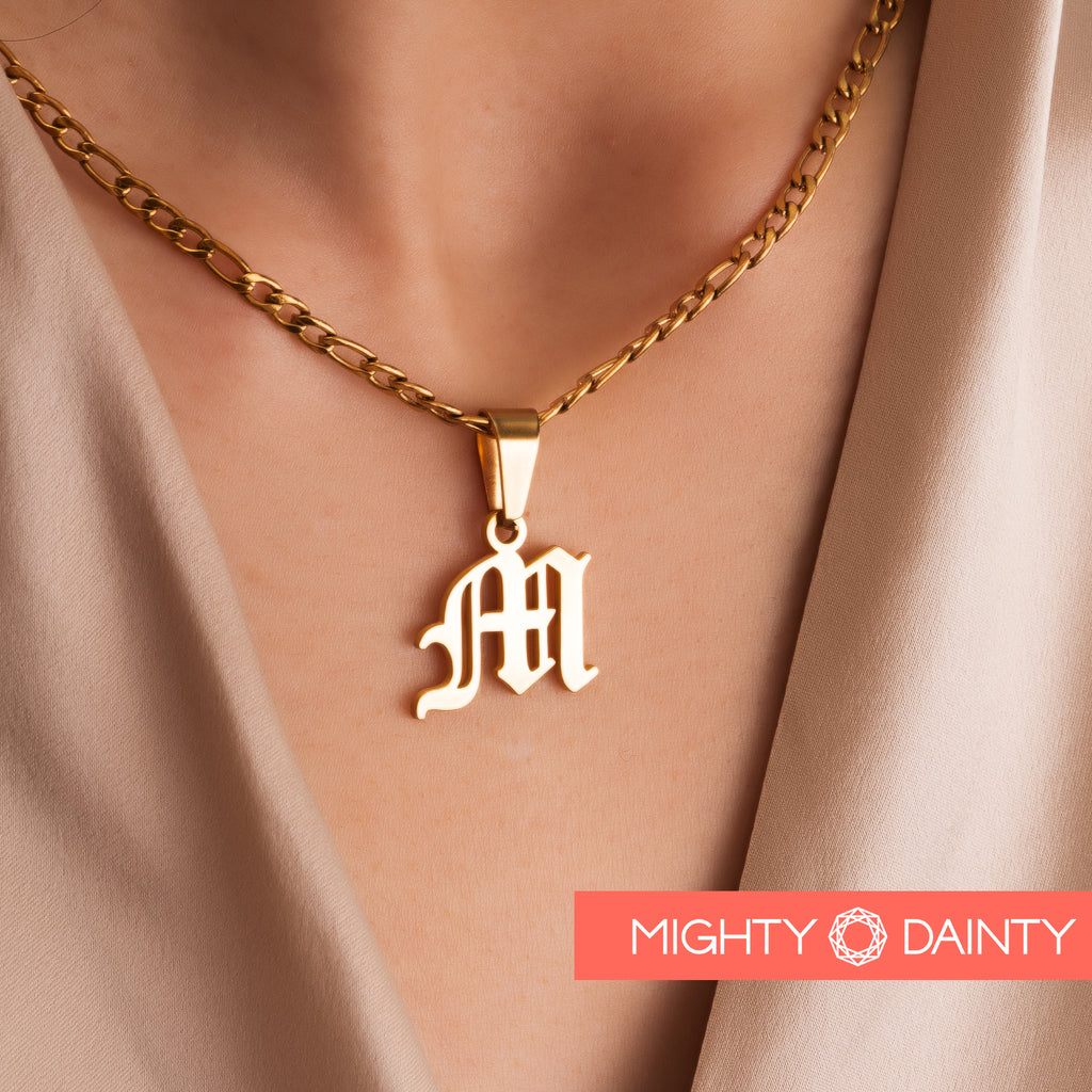 Old english initial necklace in gold rose gold and silver with chain options