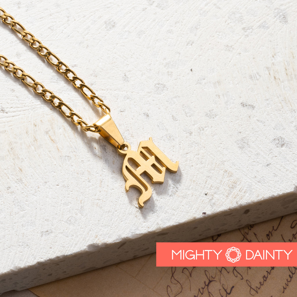 Old english font initial necklace with figaro chain 
