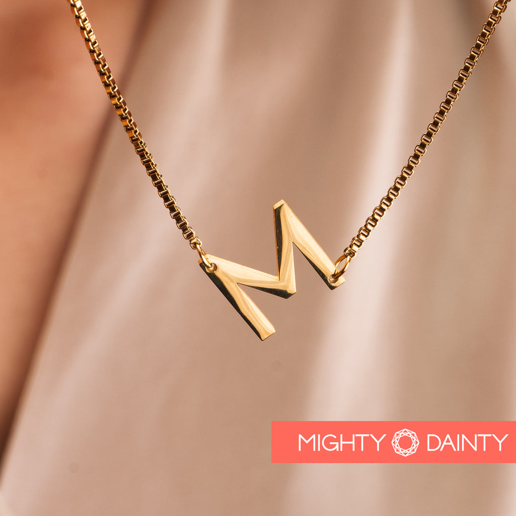 Gold big letter sideways initials necklace for her