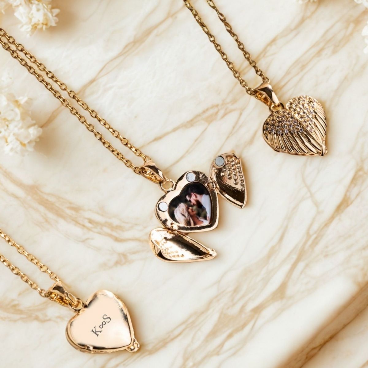 Heart Necklace With Photo – Fold-Out Wings, Gold Finish - Mighty