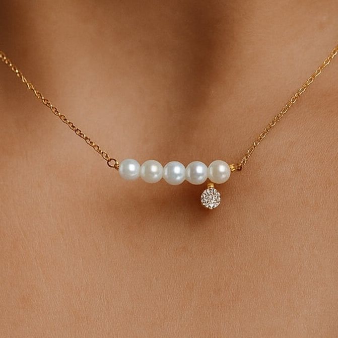 Gold Five Pearl and Diamond Necklace