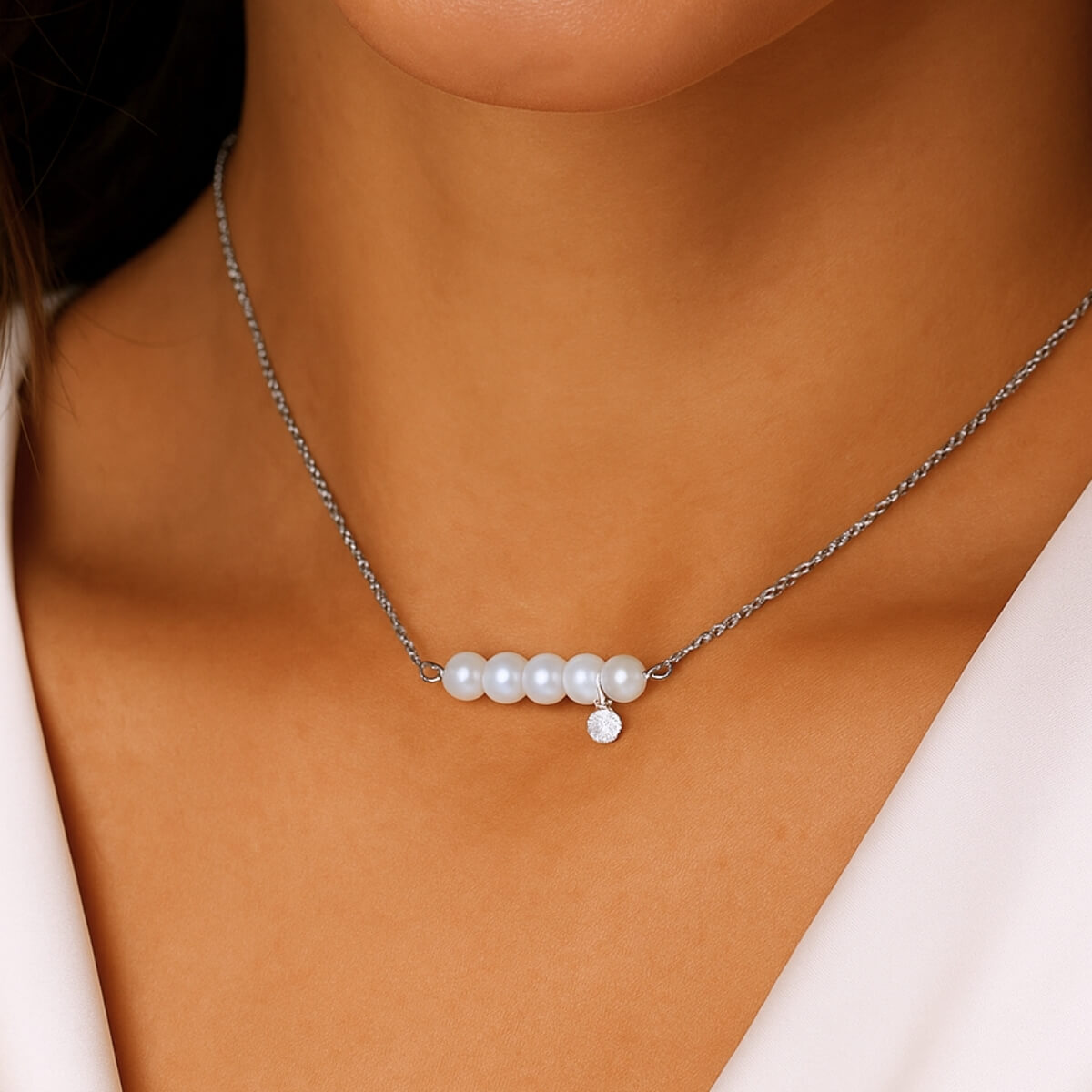 Gold Five Pearl and Diamond Necklace