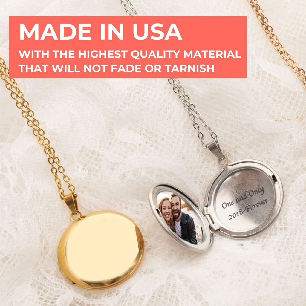 Engraved Round Photo Locket Necklace