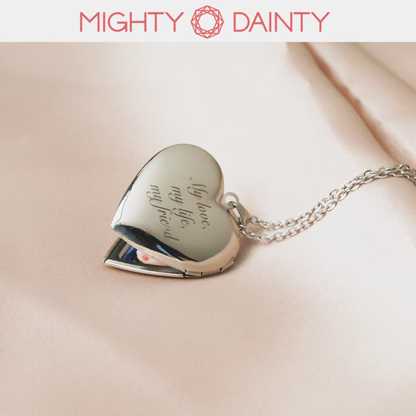 Engraved Personalized Photo Heart Locket Necklace Mighty Dainty