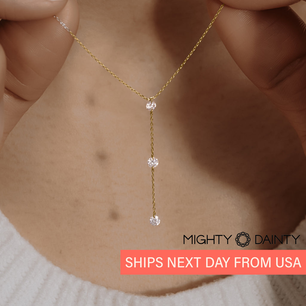 Diamond lariat necklace with 14k gold, silver and rose gold for her. 
