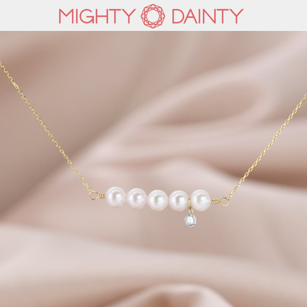 Gold Five Pearl and Diamond Necklace